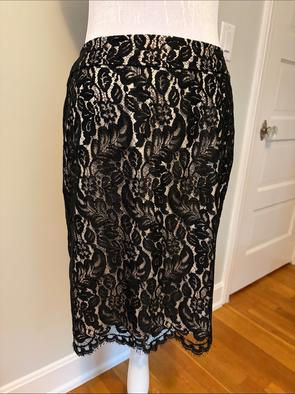 White House/Black Market Black Lace Straight Skirt with Nude Underlay